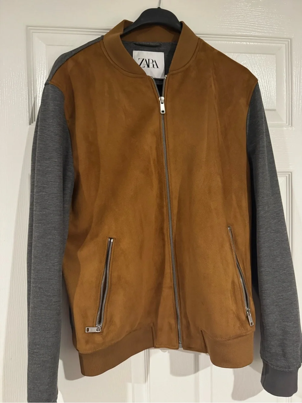 Zara Two-Tone Suede-Look Bomber Jacket in Camel and Grey